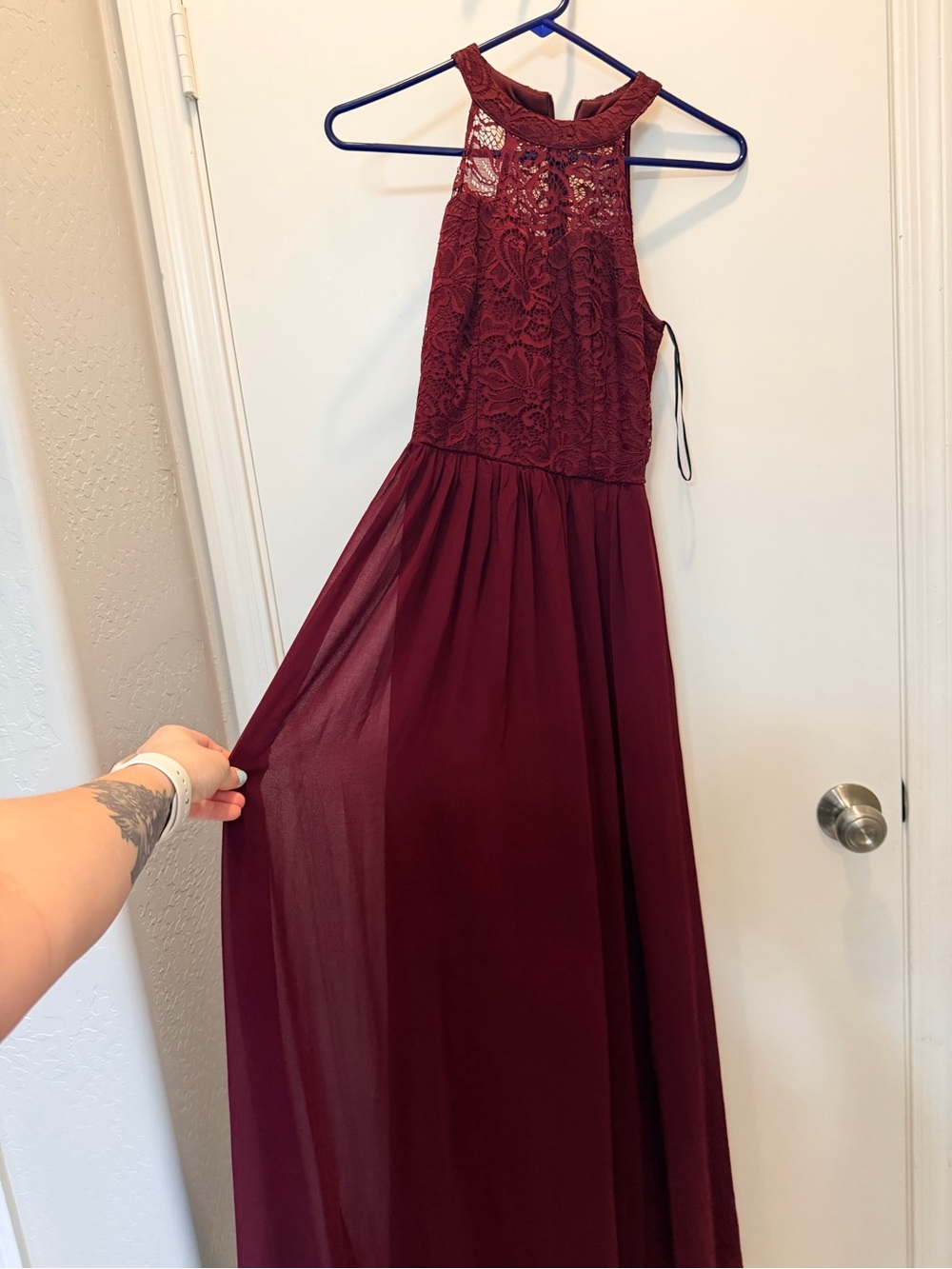 Lace Halter Maxi Dress in Burgundy xs